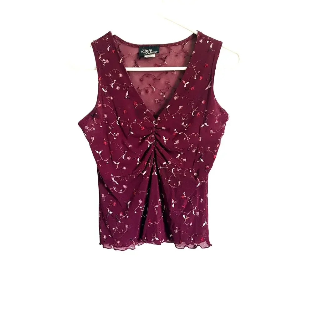 Sleeveless Babydoll Top Burgundy Embroidered Sheer Vintage Large Y2k Fairycore